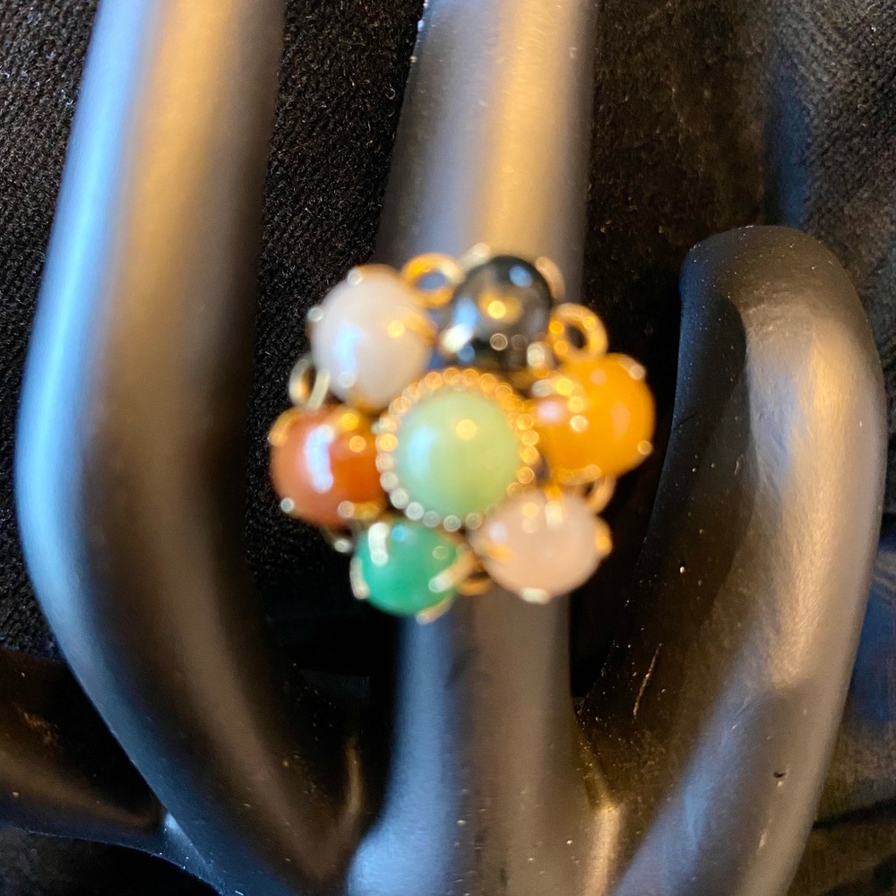 Multi-Colored Jade Cluster Ring with 14K Gold Setting - Picture 5 of 7